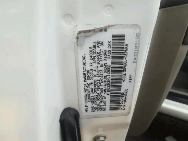 4T1BG22K9XU413662 - 1999 TOYOTA CAMRY CE WHITE photo 10