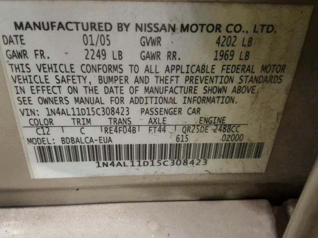 1N4AL11D15C308423 - 2005 NISSAN ALTIMA S TAN photo 10