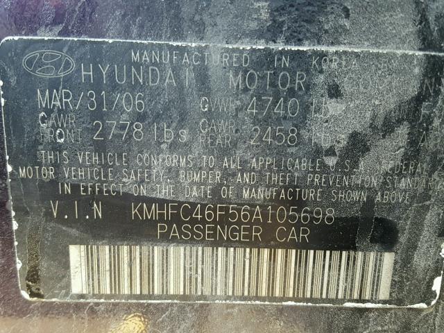 KMHFC46F56A105698 - 2006 HYUNDAI AZERA SE PURPLE photo 10