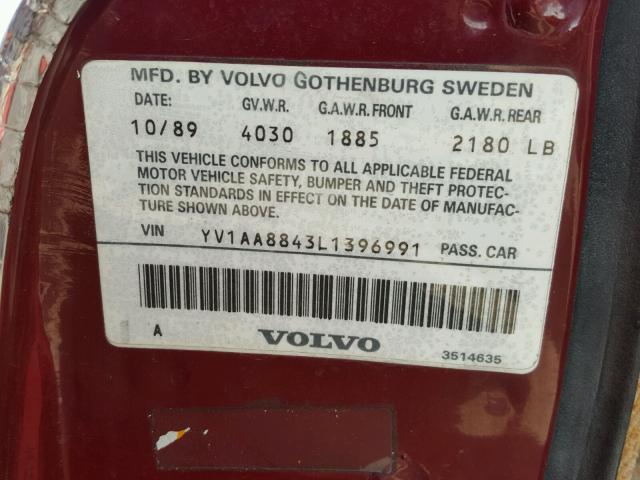 YV1AA8843L1396991 - 1990 VOLVO 240 BASE BURGUNDY photo 10