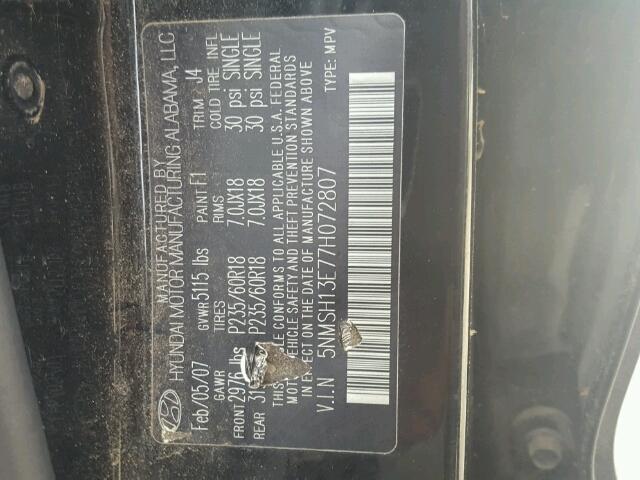 5NMSH13E77H072807 - 2007 HYUNDAI SANTA FE S 黑色 照片 10