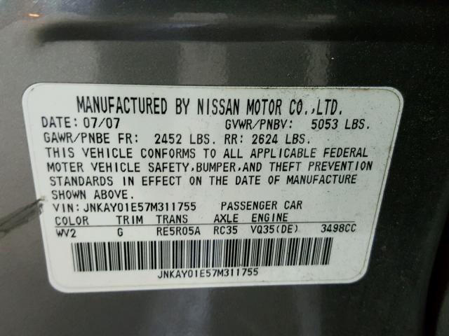 JNKAY01E57M311755 - 2007 INFINITI M35 BASE GRAY photo 10