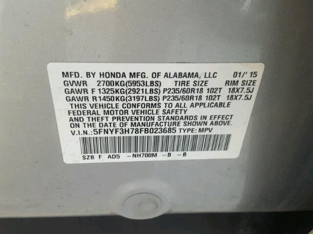 5FNYF3H78FB023685 - 2015 HONDA PILOT EXLN SILVER photo 10