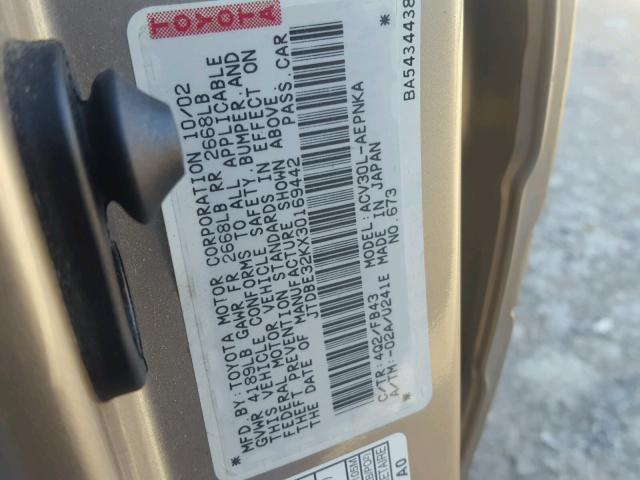 JTDBE32KX30169442 - 2003 TOYOTA CAMRY LE GOLD photo 10