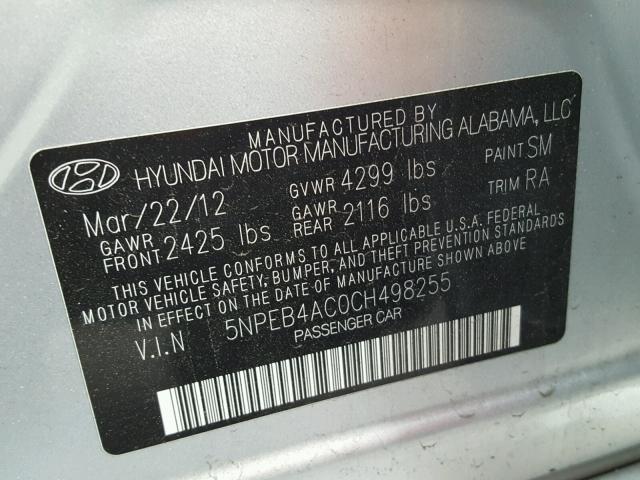 5NPEB4AC0CH498255 - 2012 HYUNDAI SONATA GLS SILVER photo 10