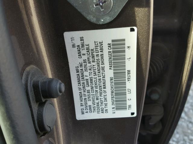 2HGFB2F86CH519780 - 2012 HONDA CIVIC EX GRAY photo 10