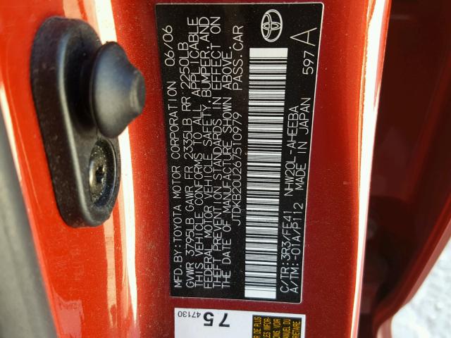 JTDKB20U267510979 - 2006 TOYOTA PRIUS RED photo 10