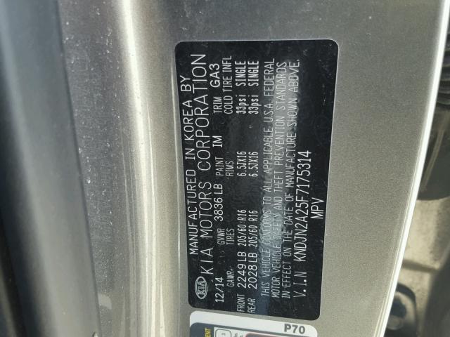 KNDJN2A25F7175314 - 2015 KIA SOUL GRAY photo 10