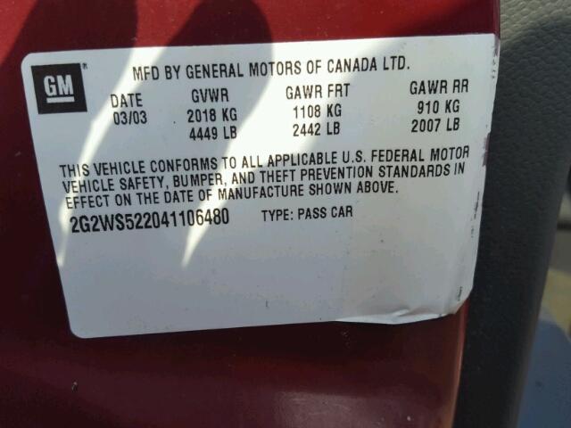 2G2WS522041106480 - 2004 PONTIAC GRAND PRIX RED photo 10