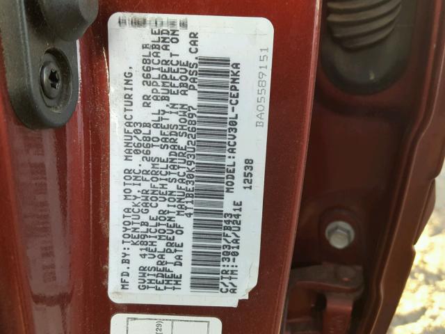 4T1BE30K93U226897 - 2003 TOYOTA CAMRY LE RED photo 10