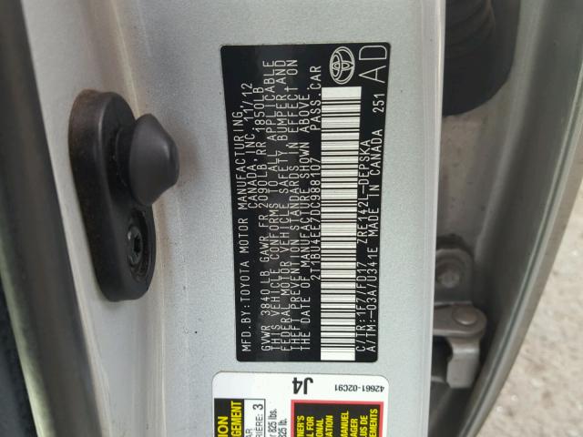 2T1BU4EE7DC988107 - 2013 TOYOTA COROLLA BA SILVER photo 10