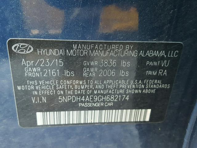 5NPDH4AE9GH682174 - 2016 HYUNDAI ELANTRA SE BLUE photo 10