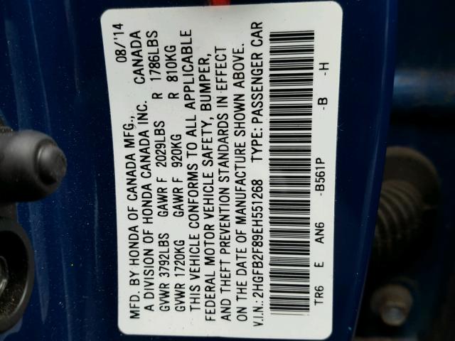 2HGFB2F89EH551268 - 2014 HONDA CIVIC EX BLUE photo 10