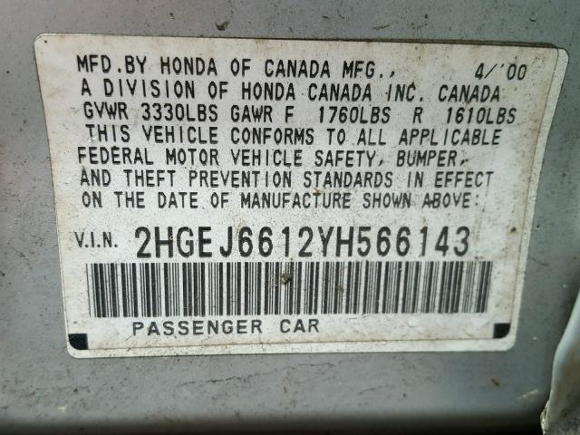 2HGEJ6612YH566143 - 2000 HONDA CIVIC BASE SILVER photo 10