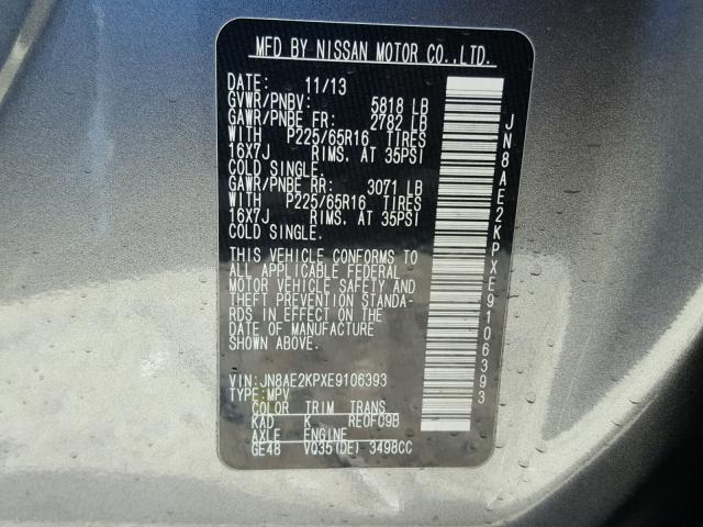 JN8AE2KPXE9106393 - 2014 NISSAN QUEST S GRAY photo 10