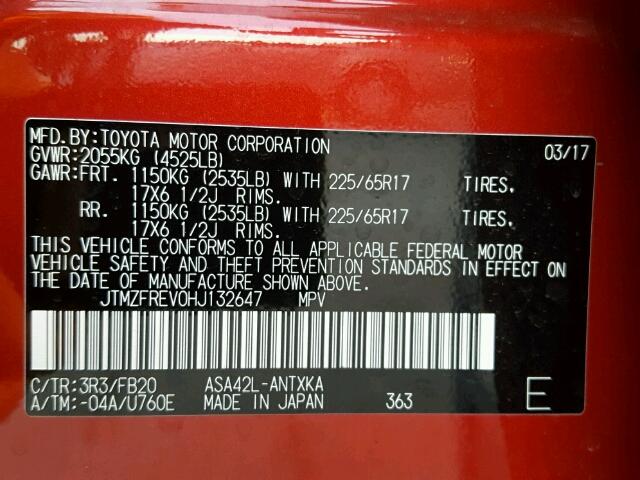 JTMZFREV0HJ132647 - 2017 TOYOTA RAV4 LE Qırmızı foto 10
