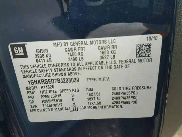 1GNKRGED7BJ233039 - 2011 CHEVROLET TRAVERSE L BLUE photo 10