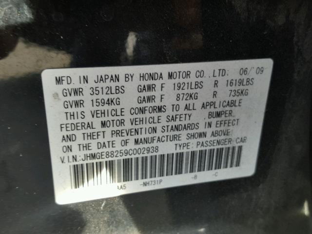 JHMGE88259C002938 - 2009 HONDA FIT BLACK photo 10