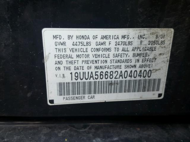 19UUA56682A040400 - 2002 ACURA 3.2TL BLACK photo 10