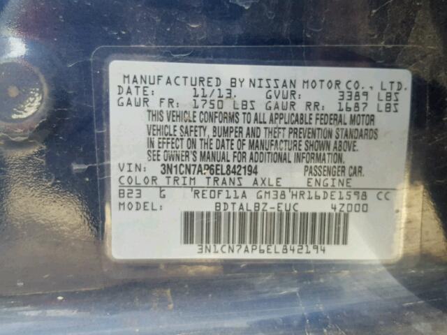 3N1CN7AP6EL842194 - 2014 NISSAN VERSA S BLUE photo 10