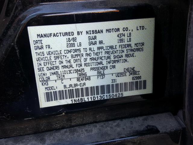 1N4BL11D13C150425 - 2003 NISSAN ALTIMA SE BLACK photo 10