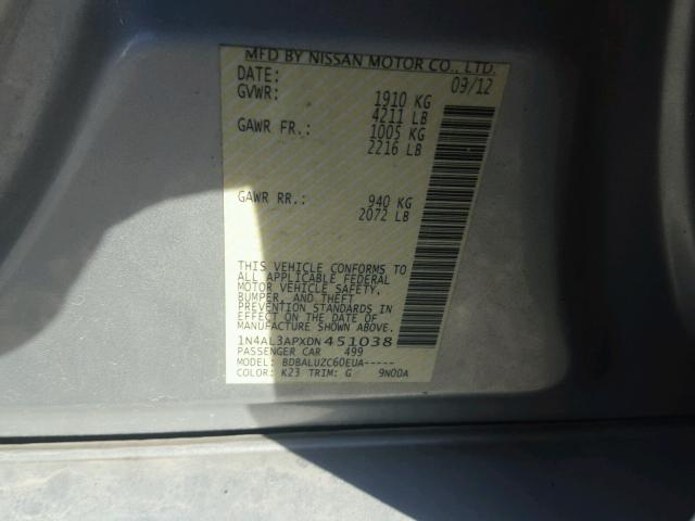 1N4AL3APXDN451038 - 2013 NISSAN ALTIMA SILVER photo 10