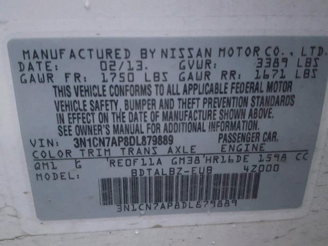 3N1CN7AP8DL879889 - 2013 NISSAN VERSA S WHITE photo 10