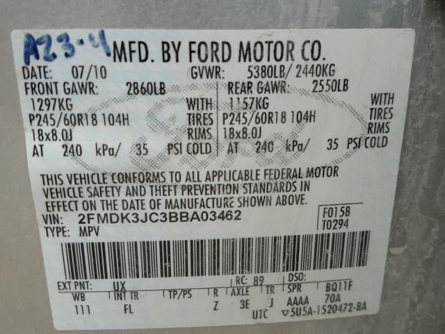 2FMDK3JC3BBA03462 - 2011 FORD EDGE SEL SILVER photo 10