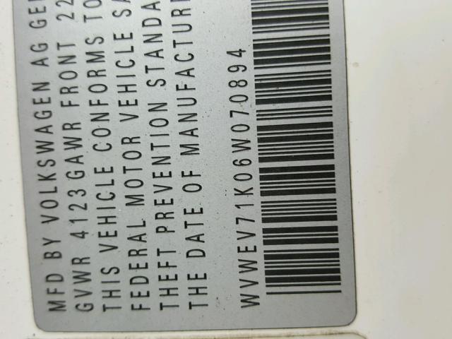 WVWEV71K06W070894 - 2006 VOLKSWAGEN NEW GTI WHITE photo 10