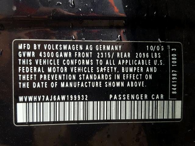 WVWHV7AJ6AW199932 - 2010 VOLKSWAGEN GTI BLACK photo 10