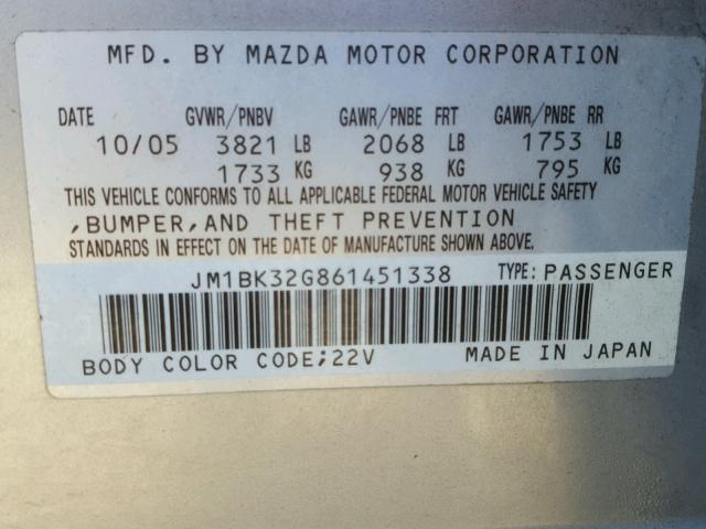 JM1BK32G861451338 - 2006 MAZDA 3 I SILVER photo 10