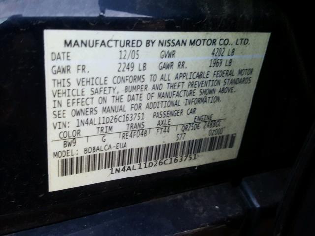 1N4AL11D26C163751 - 2006 NISSAN ALTIMA S BLUE photo 10