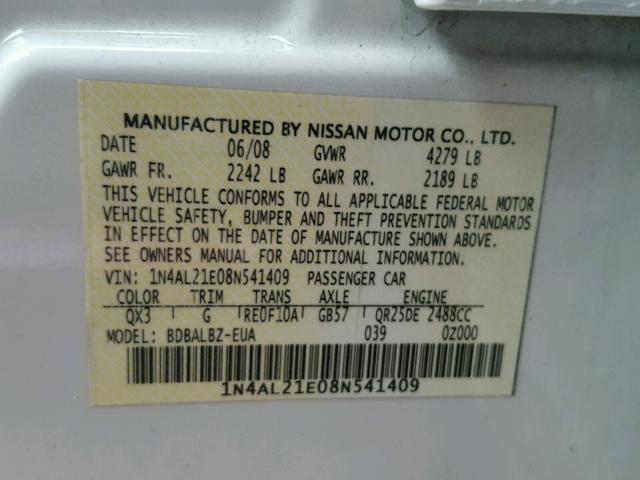 1N4AL21E08N541409 - 2008 NISSAN ALTIMA 2.5 WHITE photo 10