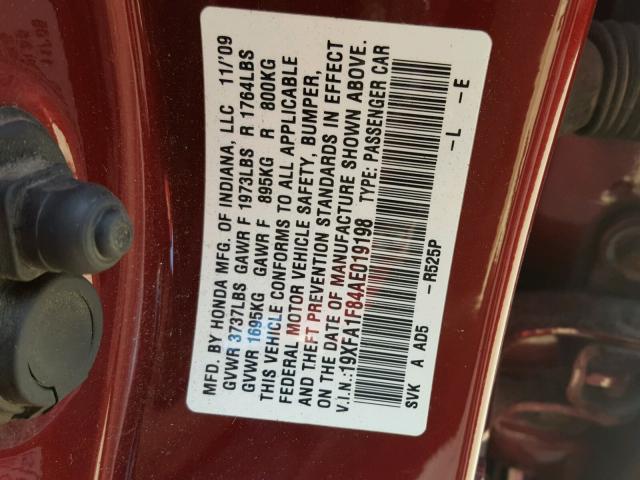 19XFA1F84AE019198 - 2010 HONDA CIVIC EX 红色 照片 10