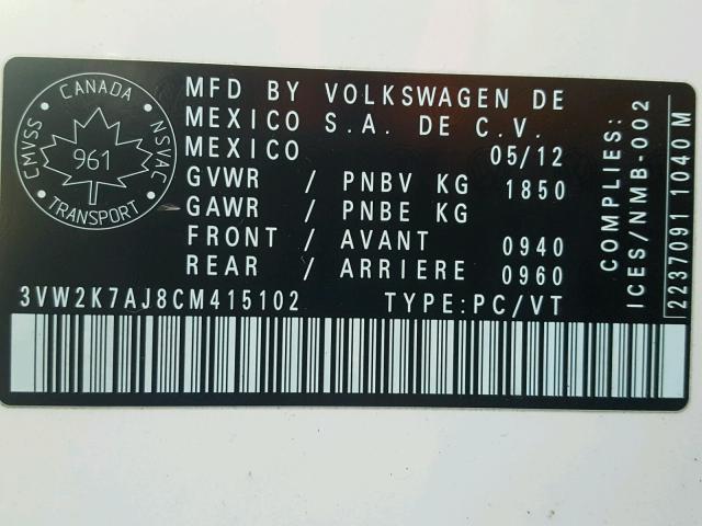 3VW2K7AJ8CM415102 - 2012 VOLKSWAGEN JETTA BASE 白色 照片 10