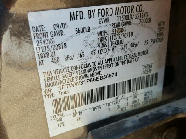 1FTWW31P56EB36674 - 2006 FORD F350 SRW S GRAY photo 10