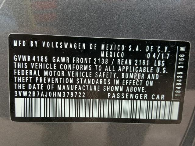 3VW2B7AJ0HM379722 - 2017 VOLKSWAGEN JETTA S 灰色 照片 10