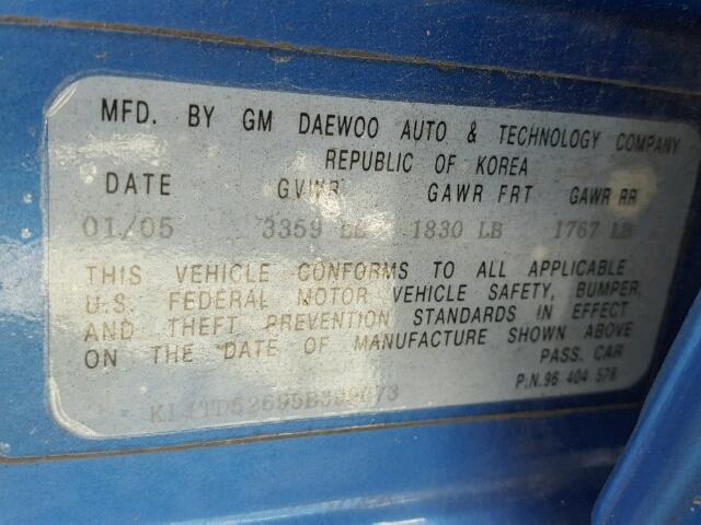 KL1TD52695B399073 - 2005 CHEVROLET AVEO BASE Көк фото 10