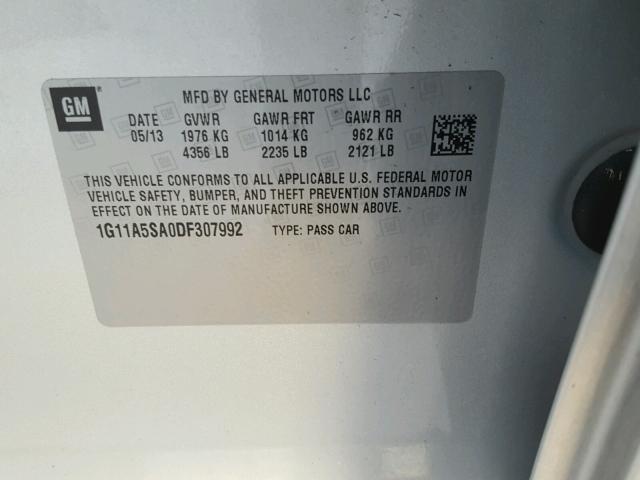 1G11A5SA0DF307992 - 2013 CHEVROLET MALIBU LS ვერცხლისფერი ფოტო 10