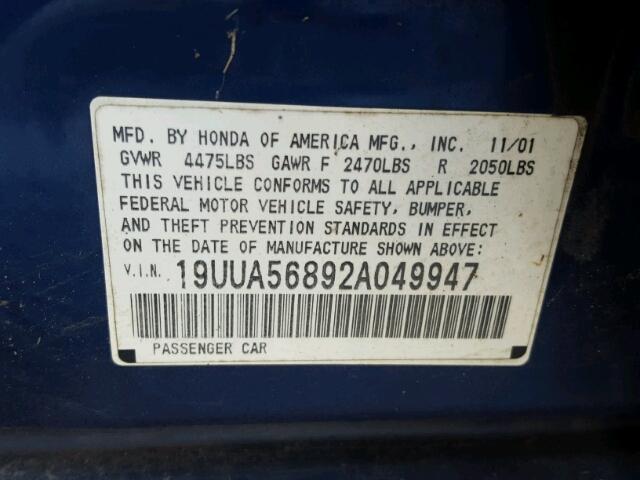 19UUA56892A049947 - 2002 ACURA 3.2TL TYPE BLUE photo 10