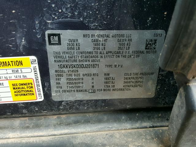 1GKKVSKD3DJ201871 - 2013 GMC ACADIA SLT ლურჯი ფოტო 10
