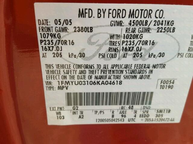 1FMYU03106KA04618 - 2006 FORD ESCAPE XLT RED photo 10