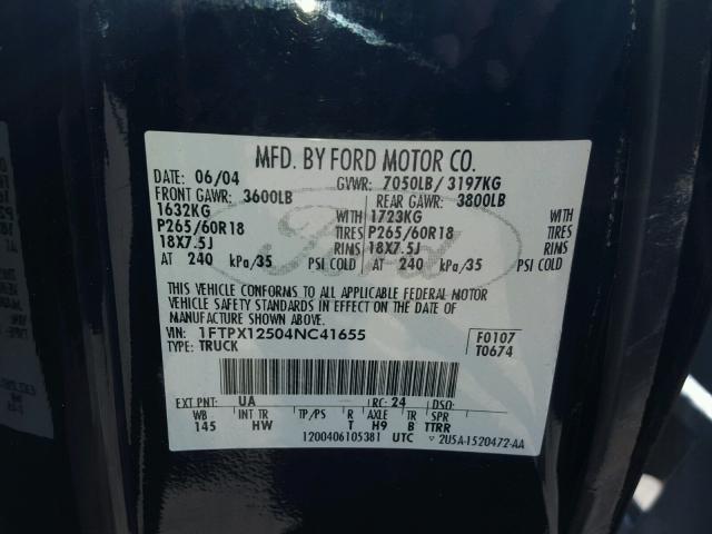 1FTPX12504NC41655 - 2004 FORD F150 BLACK photo 10