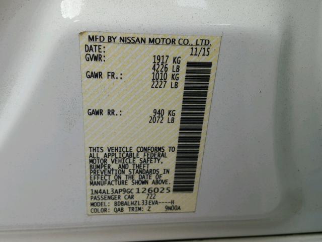 1N4AL3AP9GC126025 - 2016 NISSAN ALTIMA 2.5 WHITE photo 10