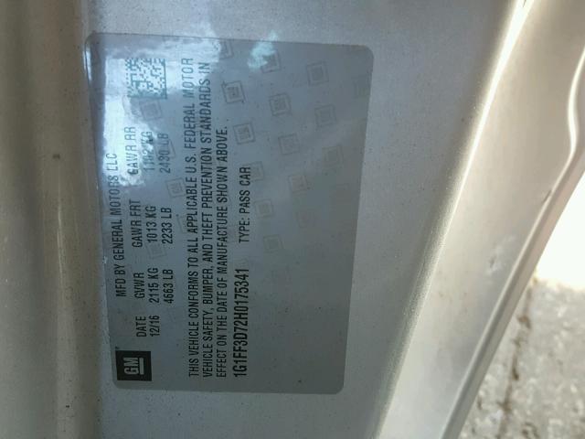 1G1FF3D72H0175341 - 2017 CHEVROLET CAMARO SS SILVER photo 10