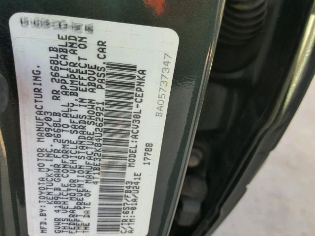 4T1BE32K84U262921 - 2004 TOYOTA CAMRY LE 绿色 照片 10