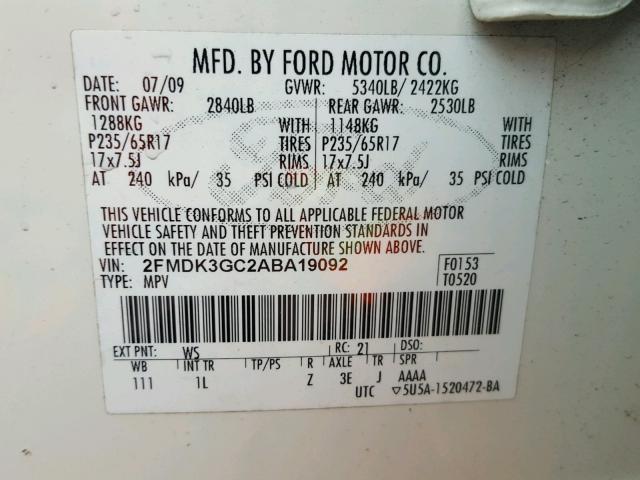 2FMDK3GC2ABA19092 - 2010 FORD EDGE SE WHITE photo 10