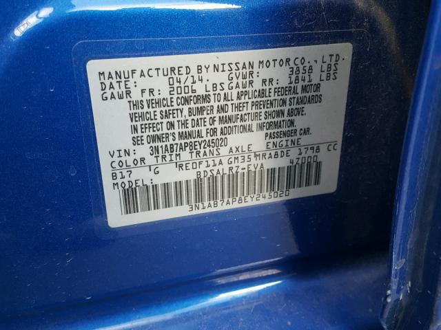 3N1AB7AP8EY245020 - 2014 NISSAN SENTRA S BLUE photo 10