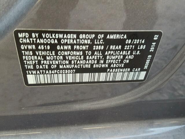 1VWAT7A34FC023007 - 2015 VOLKSWAGEN PASSAT S GRAY photo 10