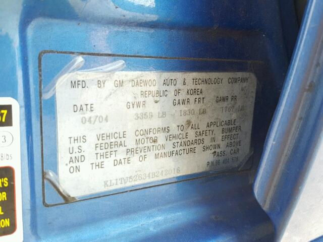 KL1TJ52634B242016 - 2004 CHEVROLET AVEO LS BLUE photo 10